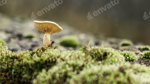 Preview: Panoramic closeup shot of a mushroom growing in the forest