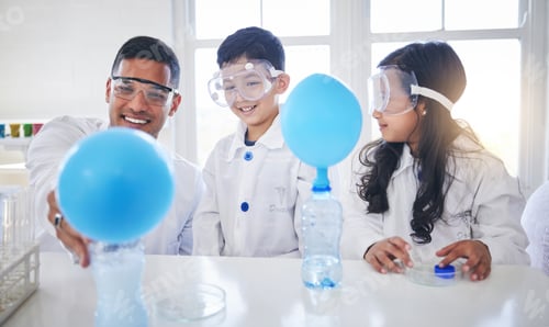 Preview: Family, science and father with kids in a laboratory with balloon for chemistry, reaction or experi