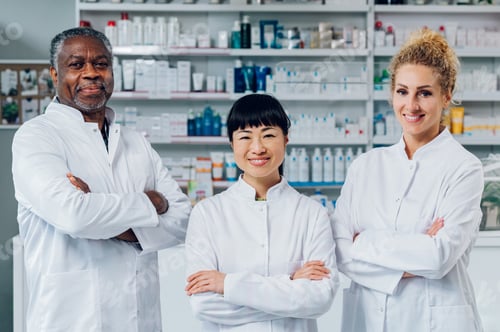 Preview: Multiracial pharmacists are standing in pharmacy.