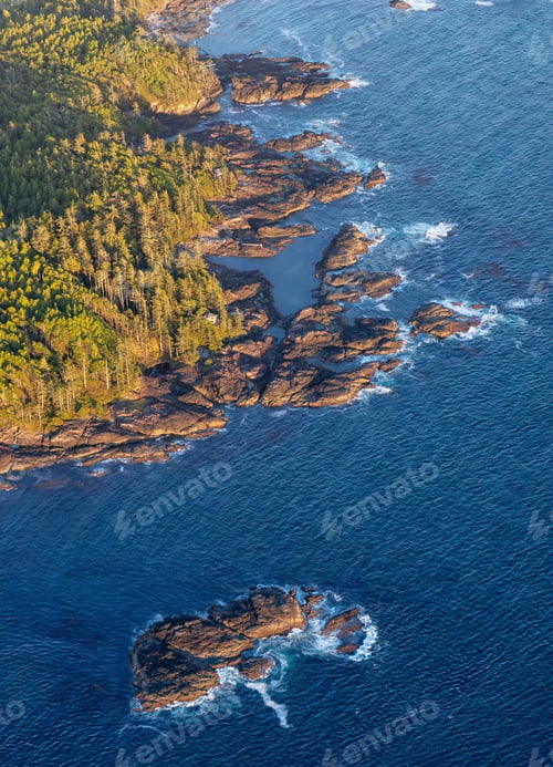Preview: Beach on the Pacific Ocean Coast in Tofino, Vancouver Island, BC, Canada. Sunset. Aerial