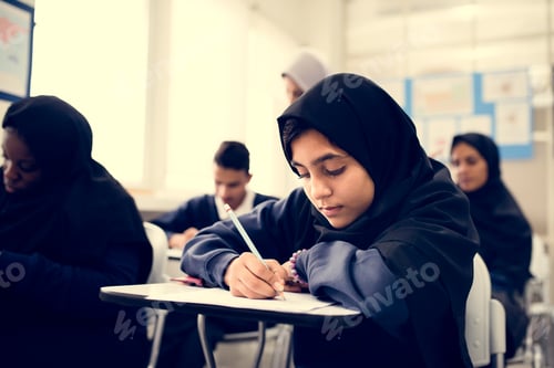 Preview: diverse muslim children studying in classroom