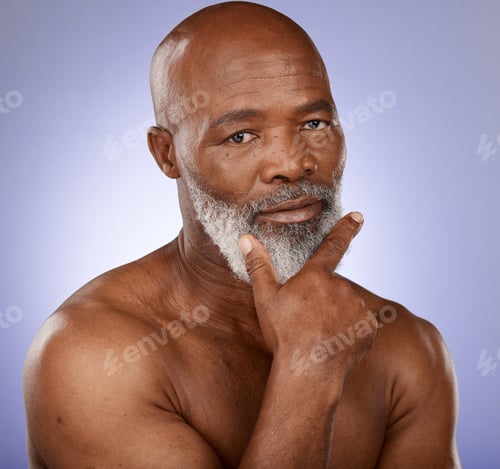 Preview: Skincare, beauty and senior portrait of model satisfied with anti aging routine, healthcare and nat