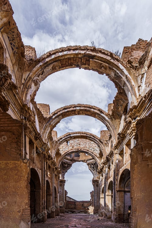 Preview: Ruins of the church of san agustin convent showing crumbling arches in belchite, spain