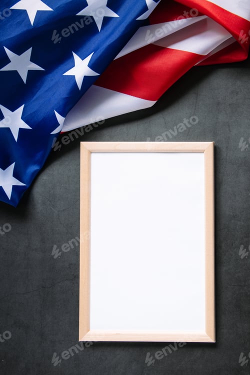 Preview: Empty frame for text and American flag on a dark background.