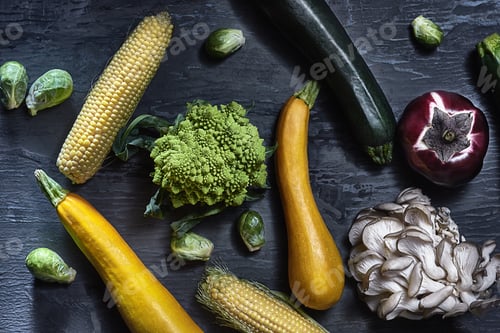 Preview: Organic vegetables on wooden table. Top view