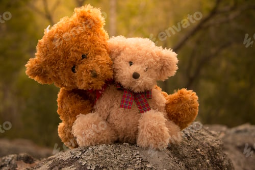 Preview: Two teddies cuddling outdoors in the sunshine