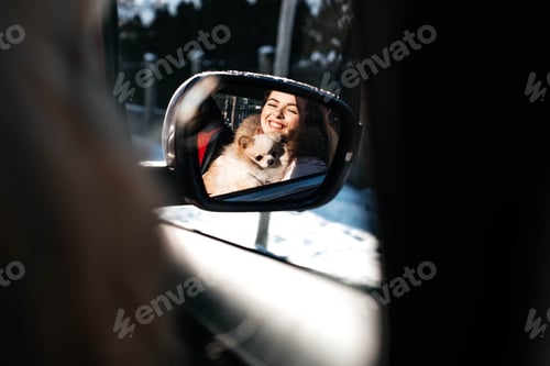 Preview: Emotional long-haired girl on a sunny winter day driving in a car. frosty cold winter. walk in the c
