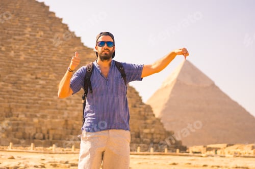 Preview: Portrait A Young Tourist At The Pyramid Of Cheops The Largest Pyramid. The Pyramids Of Giza The