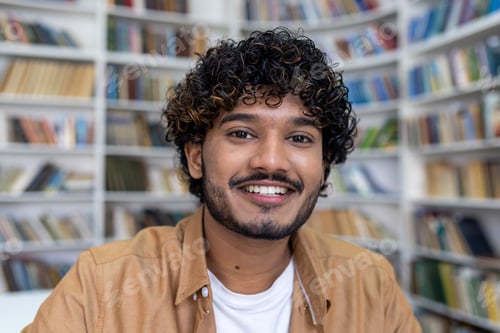 Preview: Close-up photo. Face portrait of a young hispanic male student sitting and studying in the library