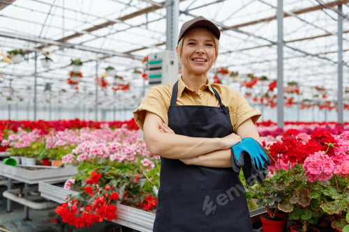 Preview: Portrait of pretty woman florist dressed in work uniform at the greenhouse