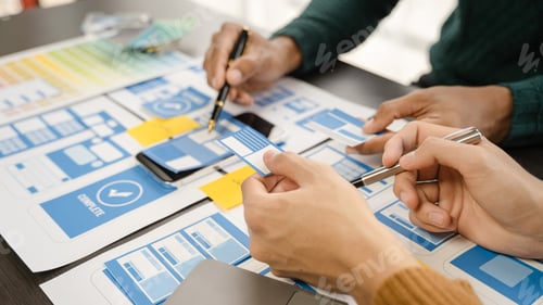 Preview: developer and ui designer brainstorming about mobile app interface wireframe design.