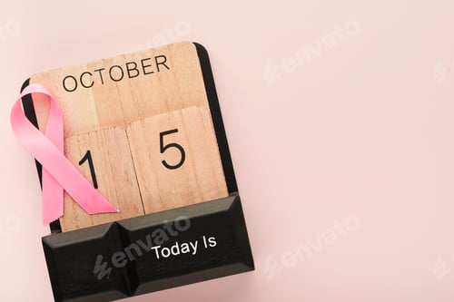 Preview: Pink Breast Cancer Awareness Ribbon. Wooden calendar with pink ribbons on backgrounds. Breast cancer