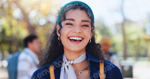 Preview: Woman, laugh and student portrait with phd and campus at university ready for learning, education a