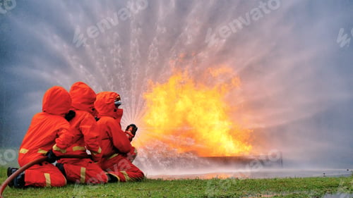 Preview: Firefighter fighting with flame using fire hose chemical water foam spray engine. Fireman hard hat