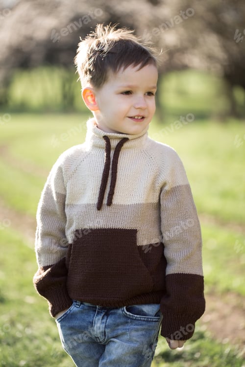 Preview: Portrait of a little boy in a knitted sweater in the forest in spring.