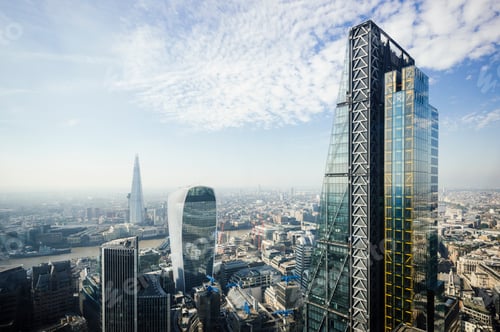 Preview: Elevated city view from The Gherkin, of 122 Leadenhall St, "The Cheesegrater" building, London, UK