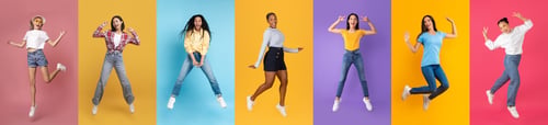 Preview: Diverse Multiethnic Young Women Expressing Positive Emotions While Jumping Over Colorful Backgrounds