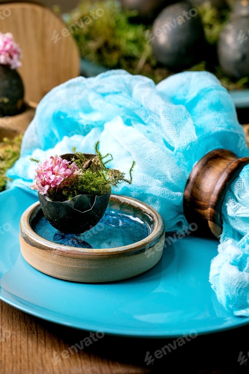 Preview: Easter table setting with empty turquoise ceramic tableware