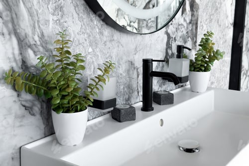 Preview: Modern bathroom decor featuring sink, faucet, plants, marble wall