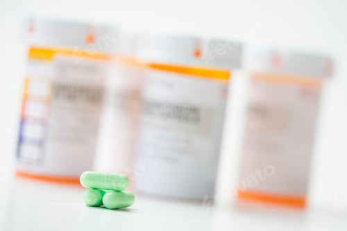 Preview: Green capsules in front of orange pharmacy bottles