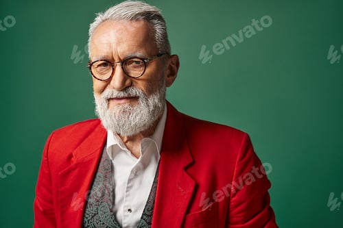 Preview: jolly Santa Claus with beard and glasses posing on green backdrop looking at camera, winter concept