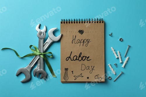 Preview: Concept of Happy Labor Day with different tools on blue background