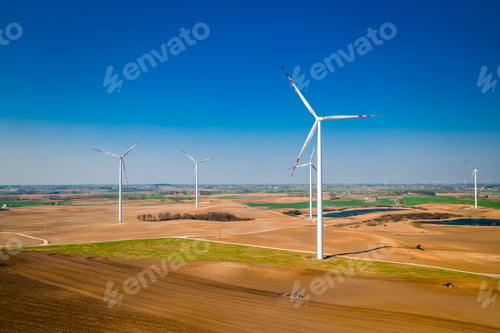 Preview: Wind turbines in spring on field, aerial view of Poland
