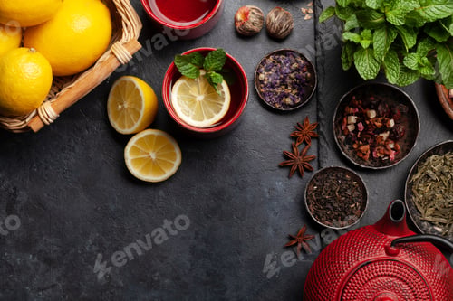 Preview: Various dried tea and teapot