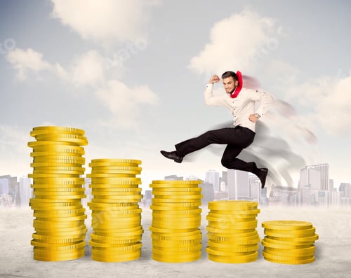 Preview: Successful Business Man Jumping Up On Gold Coin Money Concept