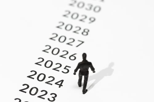 Preview: Man figurine looking at the future years marked on the ground