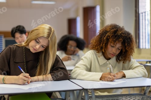 Preview: Diverse students concentrating on writing exam in classroom