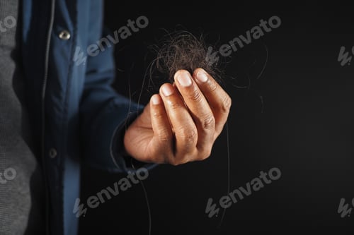 Preview: man hold his list hair close up