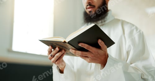 Preview: Muslim man, reciting and mosque for reading quran with faith, idea or culture for worship, praise o