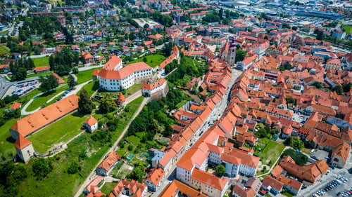 Preview: Aerial drone view of Ptuj townscape in Slovenia by river Drava