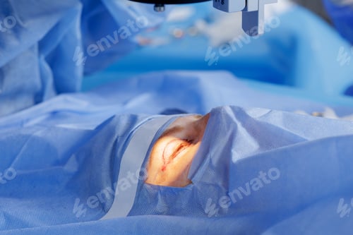 Preview: Close up of upper eyelid incision during blepharoplasty under sterile drapes