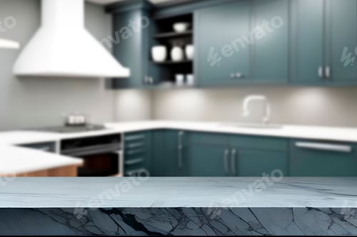 Preview: Empty marble top table with blurred kitchen interior Background. for product display.