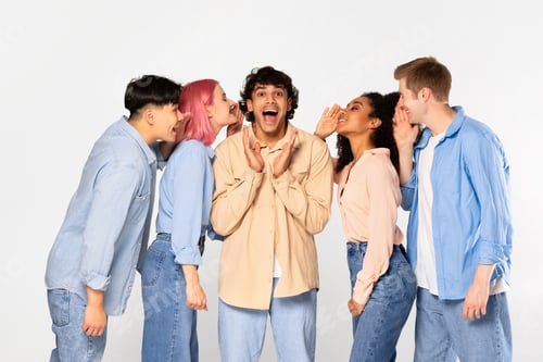 Preview: Excited international friends gossiping, whispering to surprised guy and sharing news, standing over