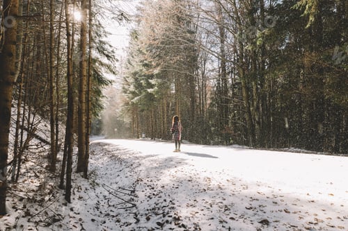 Preview: Woman walking on a winter sunny morning, while snow is falling from trees.
