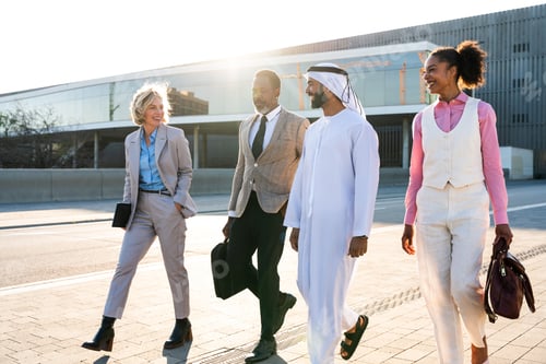 Preview: Group of multiethnic business people meeting an emirati businessman
