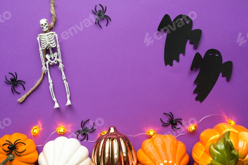 Preview: Halloween layout of garland of skeleton on a rope, glowing Jack o Lantern