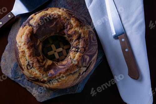 Preview: High angle shot of a delicious homemade marble pound cake on a slate board with kitchen utensils