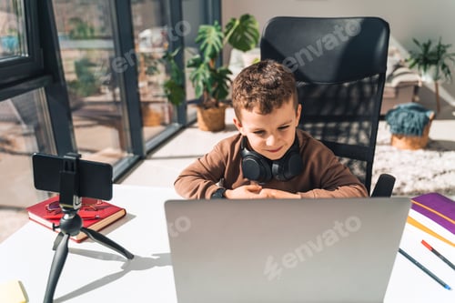 Preview: Boy is studying online at laptop