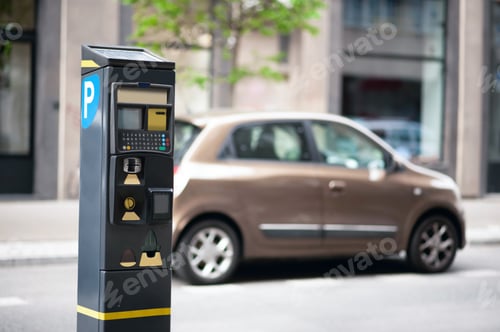 Preview: Parking meter on city street, space for text. Modern device