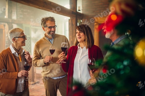 Preview: Friends Celebrating Christmas with Red Wine Indoors