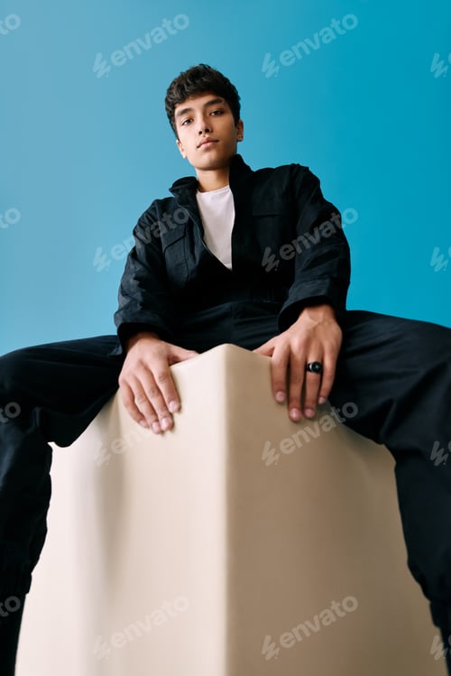 Preview: Confident young trendy mixed race man posing in studio sitting on big cube