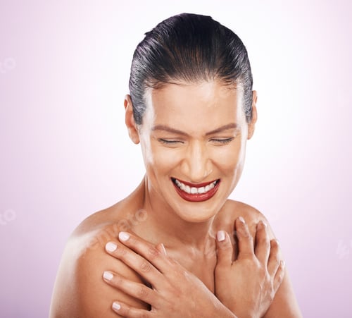 Preview: Happy senior woman, cosmetics and smile in studio for beauty, makeup and wellness by pink backgroun