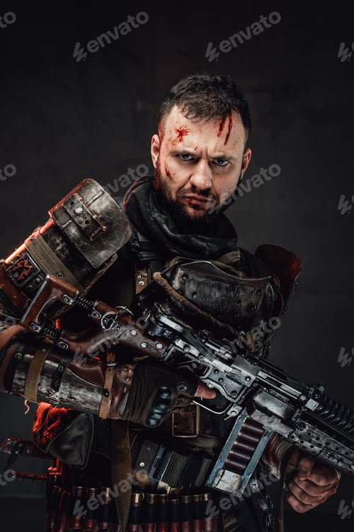 Preview: Serious military guy with shotgun in dark background