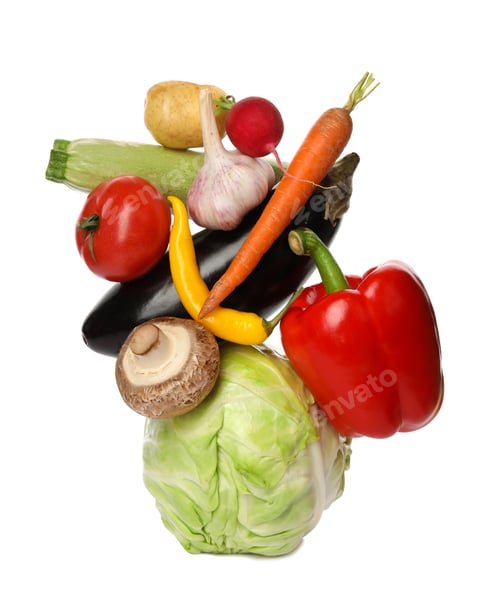 Preview: Many different delicious vegetables on white background