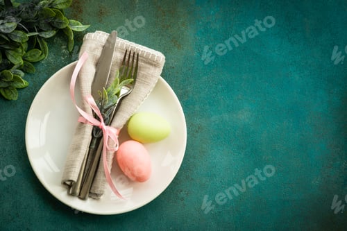 Preview: Easter table setting, Easter food background.