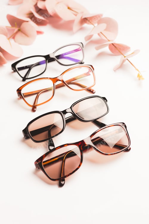 Preview: Several trendy stylish glasses on white background with copy space